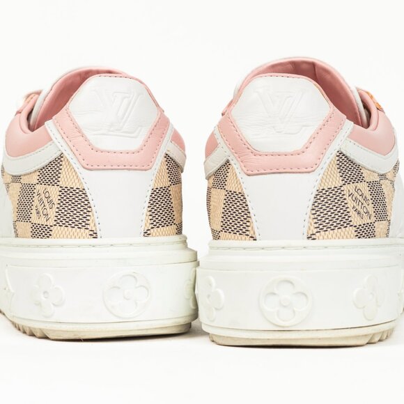 Louis Vuitton Time Out Rose Clair Pink Embossed-Calfskin & Damier Azur Sneakers - Picture 9 of 12